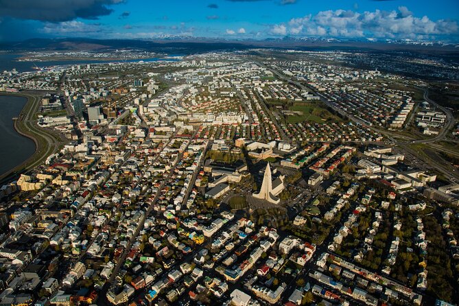 Reykjavik Helicopter Private Tour of Volcanoes - Reykjavik from above: Hallgrímskirkja and downtown rooftops